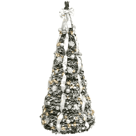 Mayhihi 7ft Silver Artificial Prelit Christmas Tree 200 Lights Automatic Wrapped with Silver Ornaments Snowflakes Ribbons Bow Indoor Decor
