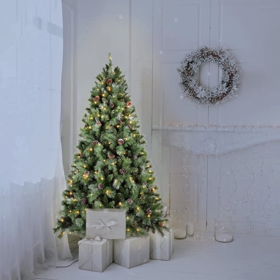 Mayhihi 8ft Pine Prelit Christmas Tree, Premium Frosted Pre-Decorated Artificial Holiday Decor