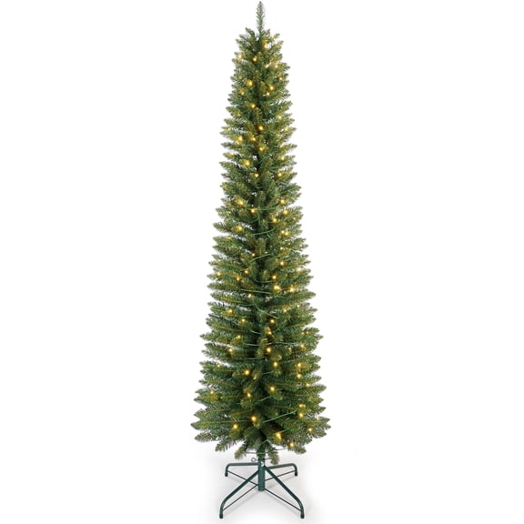 Mayhihi Green 5ft Artificial Prelit Christmas Tree Slim Pencil Design 263 PVC Tips Hinged Structure with Metal Base