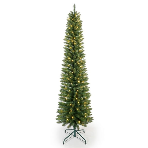 Mayhihi Prelit Pencil Christmas Tree, 5ft Premium Artificial Xmas Tree, Realistic Lighted Spruce Holiday Decor w/ 100 Warm White Lights, 263 Branch Tips, Metal Base, Green