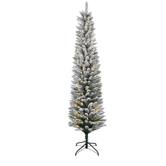 Mayhihi White 5ft Prelit Pencil Christmas Tree with Flocked PVC Tips and Hinged Branches for Indoor Holiday Decor