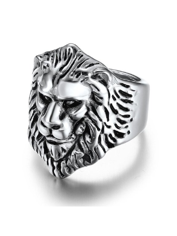 Animal Lion Head Ring, Rock Lion Ring for Men, Vikings Lion Ring Silver Lion Head Jewelry, Wild Lion Ring Gothic Lion Face Ring with Mane Punk Lion Amulet Ring