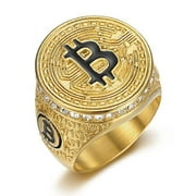 MayiaHey Bitcoin Sign Ring, Bling Money Sign Ring for Men, Gold Bit Coin Symbol Ring Iced Out Bitcoin Jewelry, Gold Money Luck Sign Ring Rock Money Symbol Ring Punk Initial Letter Ring