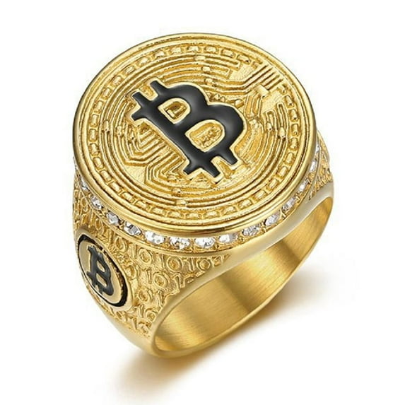 MayiaHey Bitcoin Sign Ring, Bling Money Sign Ring for Men, Gold Bit Coin Symbol Ring Iced Out Bitcoin Jewelry, Gold Money Luck Sign Ring Rock Money Symbol Ring Punk Initial Letter Ring