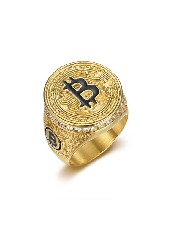 Bitcoin Sign Ring, Bling Money Sign Ring for Men, Gold BitCoin Symbol Ring Iced Out Bitcoin Jewelry, Gold Money Luck Sign Ring Rock Money Symbol Ring Punk Initial Letter Ring