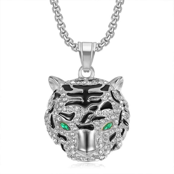 MayiaHey Bling Tiger Head Pendant, Iced Out Tiger Head Necklace for Men, Hip Hop Silver Tiger Animal Necklace Rhinestone Tiger Head Animal Jewelry, Punk Tiger Pendant Necklace