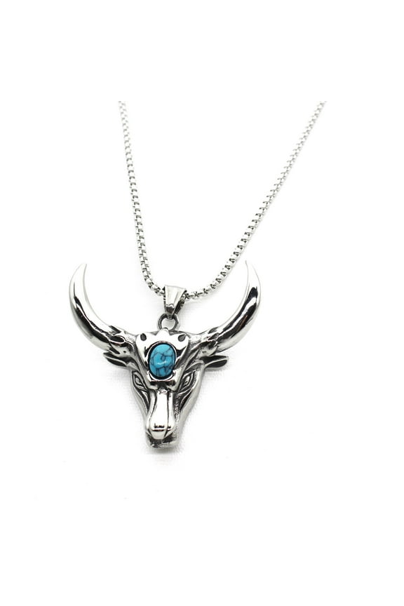 Bull Head Pendant, Turquoise Bull Head Necklace for Men, Norse Viking Bull Necklace Taurus Bull Jewelry, Hip Hop Bull Head Charm Necklace Stainless Steel Punk Bull Animal Pendant Necklace