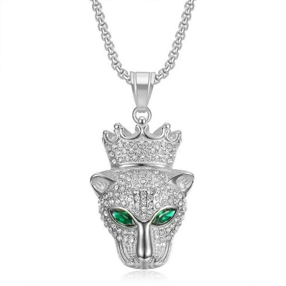 MayiaHey Crown Cheetah Head Pendant, Silver Leopard Head Necklace for Men, Bling Leopard Head Necklace Viking Leopard Head Jewelry, Iced Out Leopard Animal Pendant Necklace