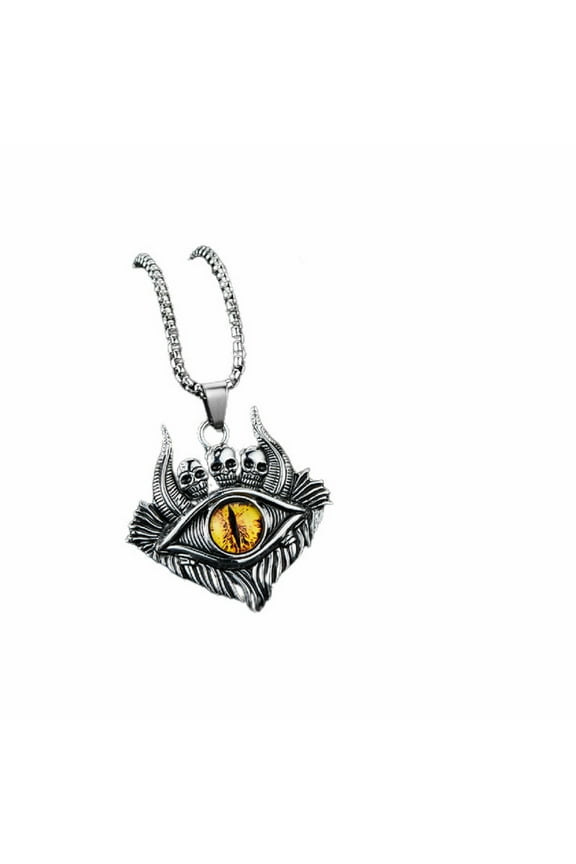 Evil Dragon Eye Pendant, Yellow Evil Eye Necklace for Men, Gothic Demon Eye Necklace Punk Demon Skull Jewelry, Rock Dragon Eye Necklace Devil Demon Skull Horns Pendant Necklace