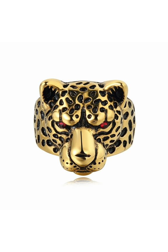 Gold Leopard Head Ring, Hip Hop Leopard Animal Biker Ring for Men, Black Spotted Leopard Ring Red Eyes Leopard Jewelry, Wild Leopard Head Ring Punk Leopard Head Animal Ring