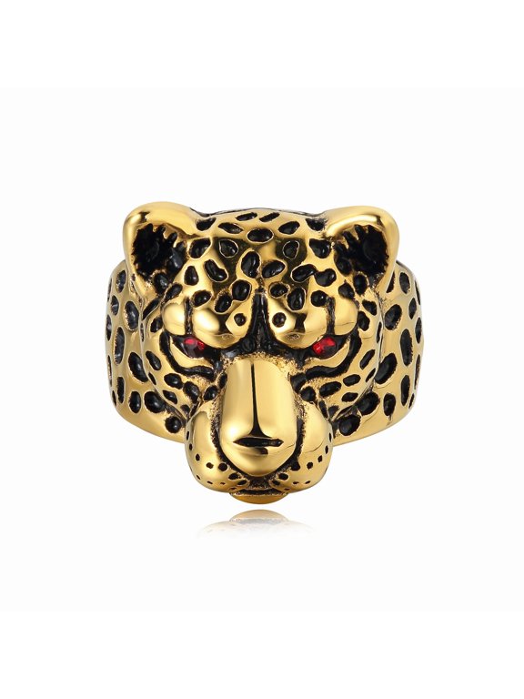 Gold Leopard Head Ring, Hip Hop Leopard Animal Biker Ring for Men, Black Spotted Leopard Ring Red Eyes Leopard Jewelry, Wild Leopard Head Ring Punk Leopard Head Animal Ring