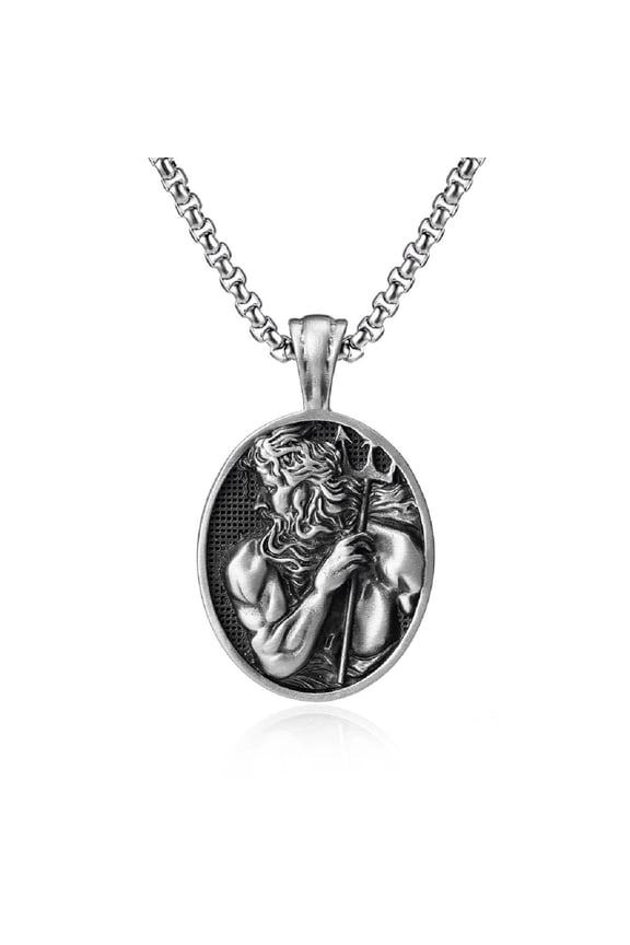 Greek God of Sea Pendant, Vintage Neptune Necklace for Men, Gothic Greek Sea God Necklace Ancient Greek Mythology Amulet Jewelry, Greek Neptune Medal Pendant Necklace