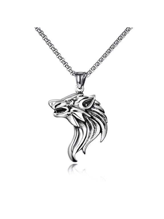 Howling Wolf Head Pendant, Nordic Viking Wolf Head Necklace for Men, Silver Rock Wolf Necklace Fierce Wolf Animal Amulet Jewelry, Punk Warrior Wolf Head Animal Pendant Necklace