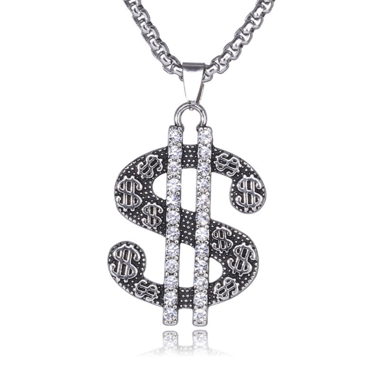 2-Pack Dollar Sign Necklaces For Men - Hip Hop Silver Chain 27.5" Long, Zinc Alloy