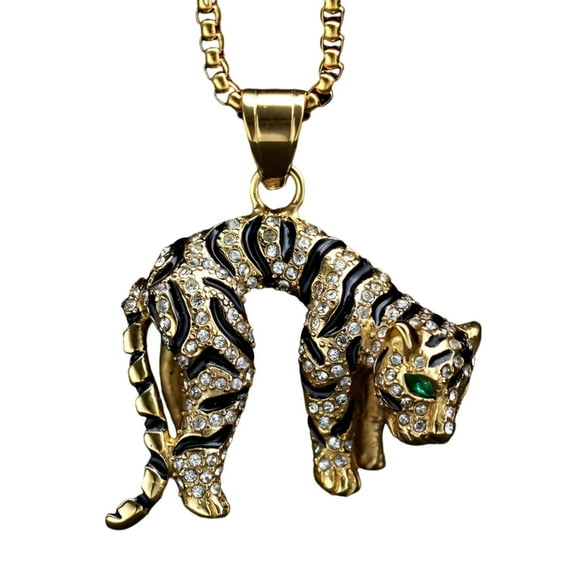 MayiaHey Iced Out Tiger Animal Pendant, Gold Bling Tiger Necklace for Men, Sparkling Tiger Necklace Hip Hop Tiger Jewelry, Green Eyes Tiger Necklace Rock Tiger Animal Pendant Necklace