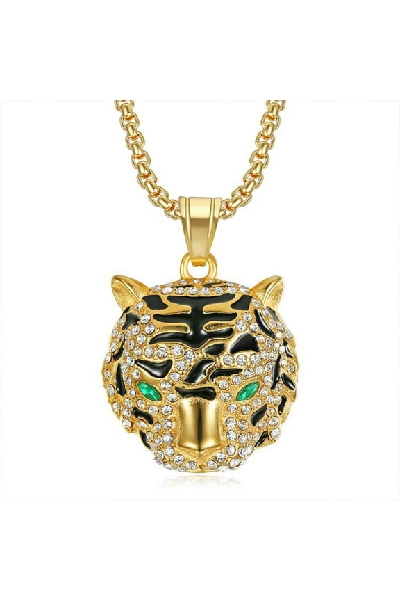 Iced Out Tiger Head Pendant, Bling Tiger Head Necklace for Men, Hip Hop Gold Tiger Animal Necklace Rhinestone Tiger Head Animal Jewelry, Punk Tiger Pendant Necklace