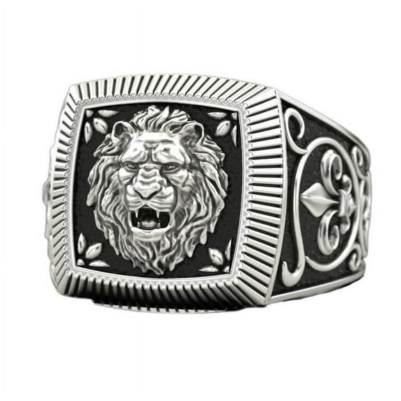MayiaHey Lion Cross Ring, Cross Sword Lion Ring for Men, Norse Viking Lion Head Ring Roaring Lion Jewelry, Celtic Lion Square Ring Hip Hop Lion Biker Ring Punk Silver Lion Animal Ring