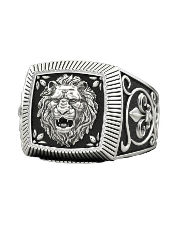 Lion Cross Ring, Cross Sword Lion Ring for Men, Norse Viking Lion Head Ring Roaring Lion Jewelry, Celtic Lion Square Ring Hip Hop Lion Biker Ring Punk Silver Lion Animal Ring