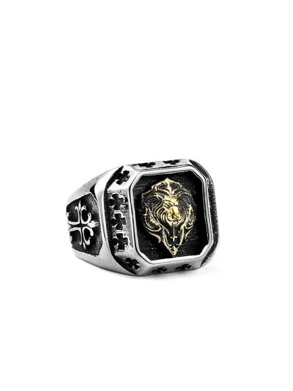 Lion Head Ring, Cross Lion Ring for Men, Norse Viking Lion Head Ring Rock Lion Animal Jewelry, Stainless Steel Celtic Lion Ring Hip Hop Lion Biker Ring Punk Cross Lion Ring