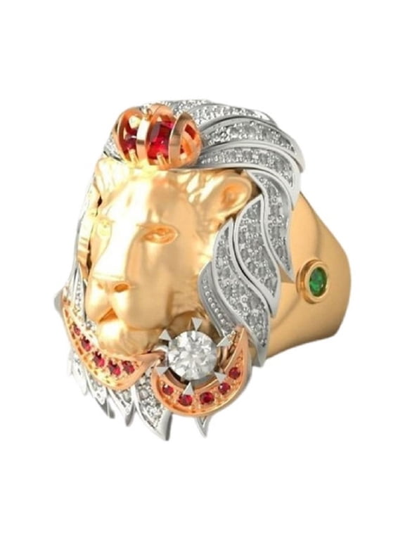 Lion Head Ring, Gold Lion Head Ring for Men, CZ Lion Animal Ring Lion Jewelry, Iced Out Celtic Lion Ring Hip Hop Crown Lion Band Ring Rock Lion head Ring Punk Lion Animal Ring