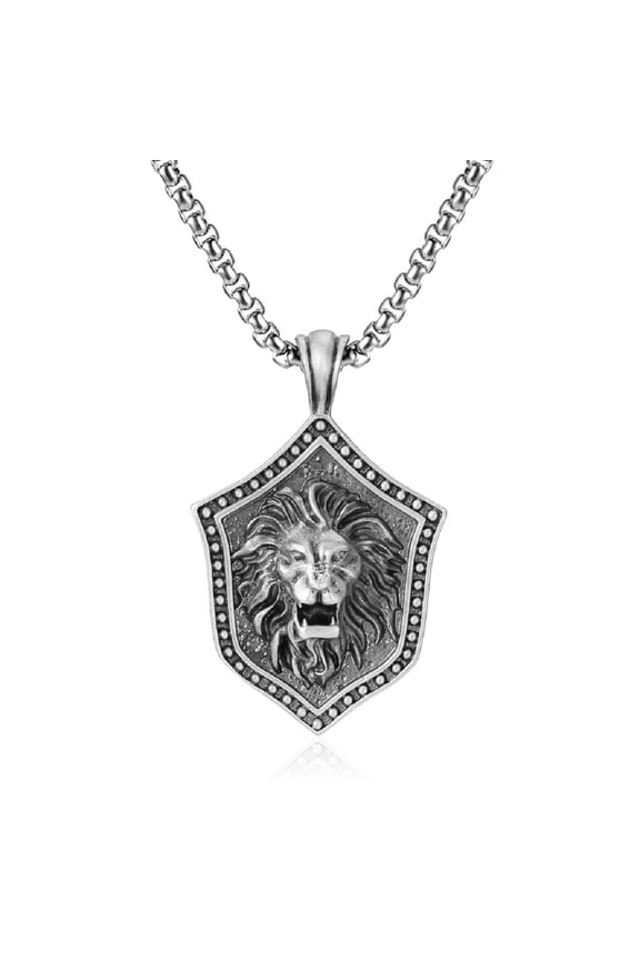 Lion Shield Pendant, Lion Head Tag Necklace for Men, PunkLion Head Shield Necklace Gothic Roaring Lion Jewelry, Pure Tin Lion Necklace Retro Lion Shield Necklace