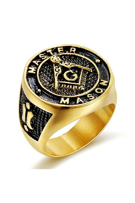 Masonic Master Mason Ring, Freemason Biker Ring for Men, Gold Plated Masonic Symbol Ring Compass Masonic Jewelry, Square Compass Freemason Amulet Ring