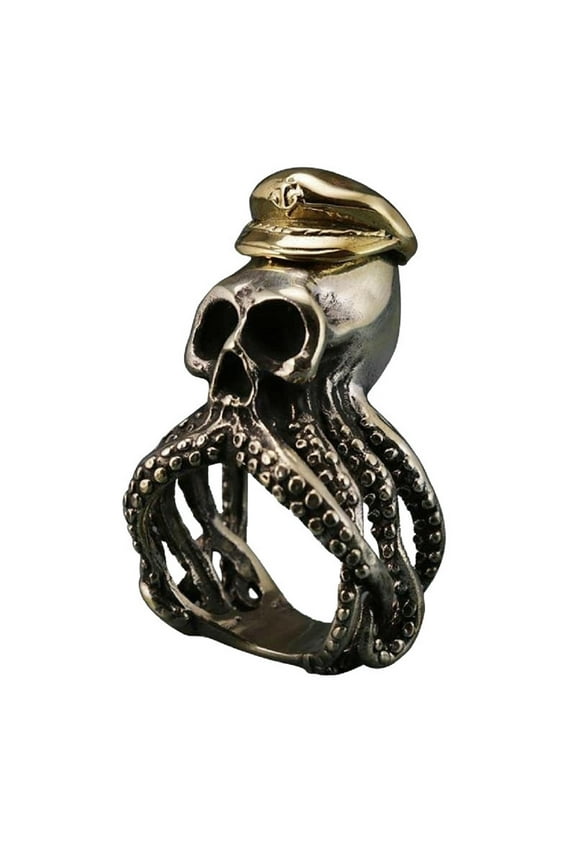 Octopus Skull Ring, Squid Skull Ring for Men, Gothic Pirate Skull Head Ring Punk Octopus Skull Jewelry, Vintage Skull Octopus Animal Ring Pirate Skull Octopus Pirate Skull Hat Anchor Ring