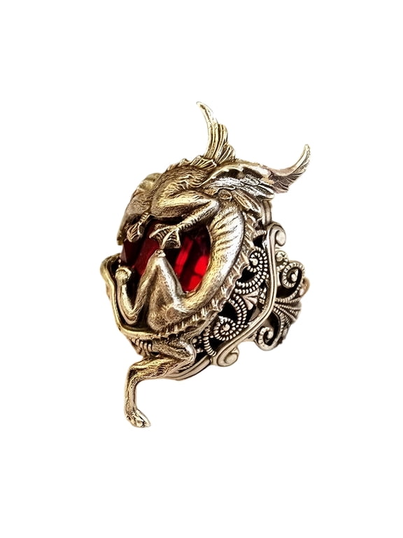 Red Stone Dragon Ring, Vintage Wings Dragon Biker Ring for Men, Red Crystal Dragon Animal Ring Gothic Dragon Totem Jewelry, Rhinestone Dragon Ring Punk Dragon Animal Biker Ring