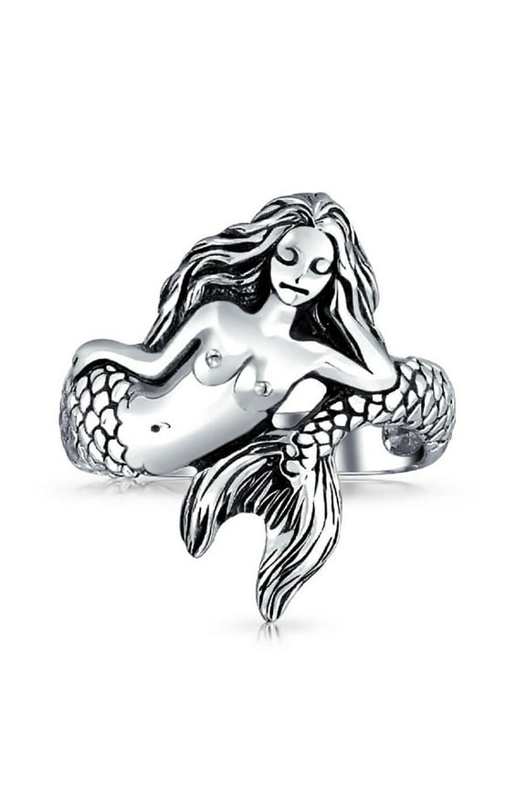 Retro Mermaid Ring, Mermaid Tail Ring for Women, Cute Dolphin Tail Ring Mermaid with Long Hair Ring Vintage Beach Mermaid Tail Jewelry, Punk Mermaid Fairytale Ring Fish Whale Tail Ring