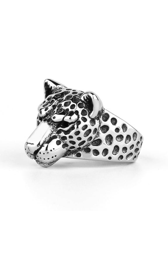 Silver Leopard Head Ring, Leopard Head Ring for Men, Punk Leopard Head Biker Ring Cheetah Head Jewelry, Spot Leopard Animal Ring Tribal Leopard Head Ring Rock Leopard Animal Ring