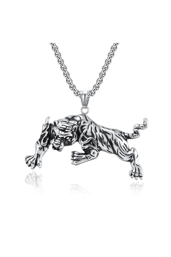 Silver Roaring Tiger Pendant, Punk Tiger Necklace for Men, Gothic Tiger Animal Necklace Rock Tiger Charm Jewelry, Rapper Tiger Necklace Vintage Tiger Animal Pendant Necklace