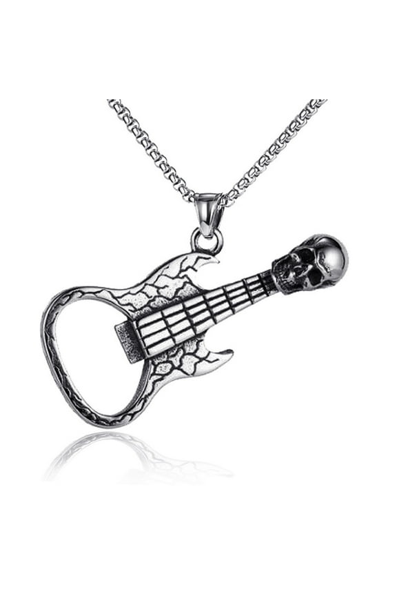 Skull Guitar Pendant, Gothic Skull Guitar Necklace for Men, Musical Guitar Skull Necklace Punk Skull Bottle Opener Jewelry, Vintage Skeleton Guitar Pendant Necklace