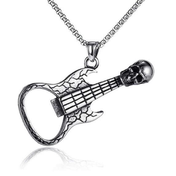 MayiaHey Skull Guitar Pendant, Gothic Skull Guitar Necklace for Men, Musical Guitar Skull Necklace Punk Skull Bottle Opener Jewelry, Vintage Skeleton Guitar Pendant Necklace