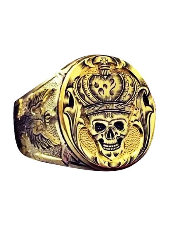 Skull Head Ring, Crown Skull Ring for Men, Gothic Skull Cross Ring Norse Viking Skull Head Ring Gold Crown Skull Jewelry, Flying Eagle Ring Hip Hop Skeleton Skull Ring Punk Skull Head Ring