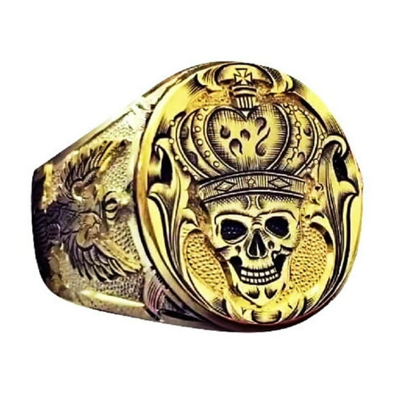 MayiaHey Skull Head Ring, Crown Skull Ring for Men, Gothic Skull Cross Ring Norse Viking Skull Head Ring Gold Crown Skull Jewelry, Flying Eagle Ring Hip Hop Skeleton Skull Ring Punk Skull Head Ring