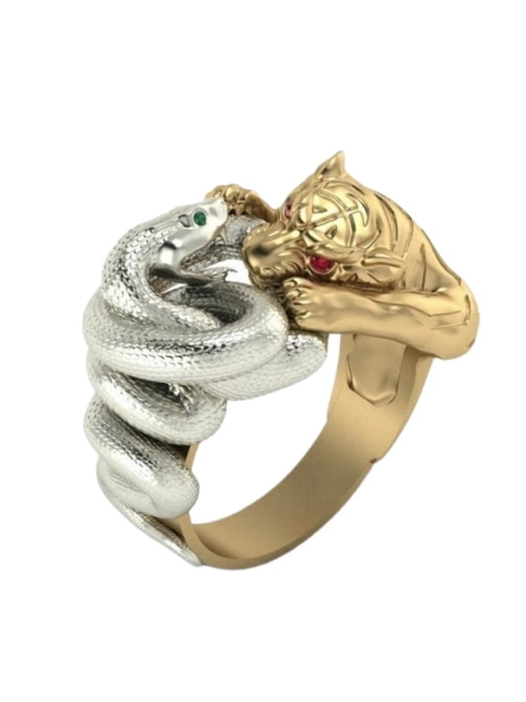 Snake Tiger Ring, Serpent Tiger Ring for Men, Fighting Snake Tiger Ring Hip Hop Gold Tiger Jewelry, Punk Silver Snake Serpent Ring Rock Serpent Tiger Ring Roaring Tiger Animal Ring