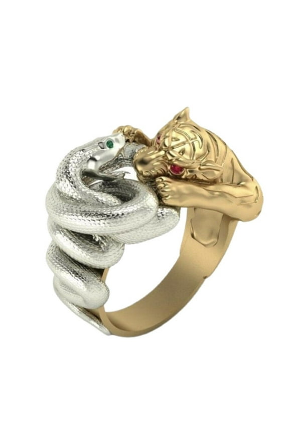 Snake Tiger Ring, Serpent Tiger Ring for Men, Fighting Snake Tiger Ring Hip Hop Gold Tiger Jewelry, Punk Silver Snake Serpent Ring Rock Serpent Tiger Ring Roaring Tiger Animal Ring