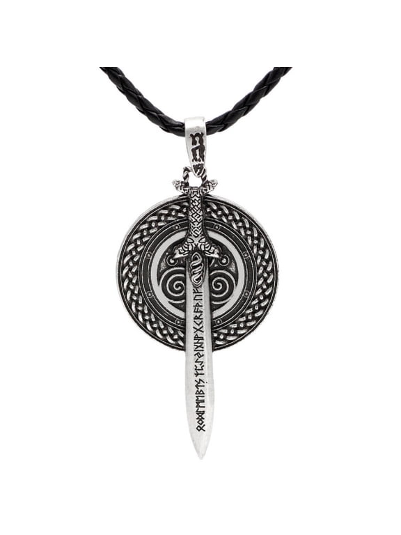 Viking Runes Sword Pendant, Norse Sword Shield Necklace for Men, Punk Warrior Sword Necklace Warrior Shield Jewelry, Rock Sword Runes Necklace Celtic Sword Shield Pendant Necklace