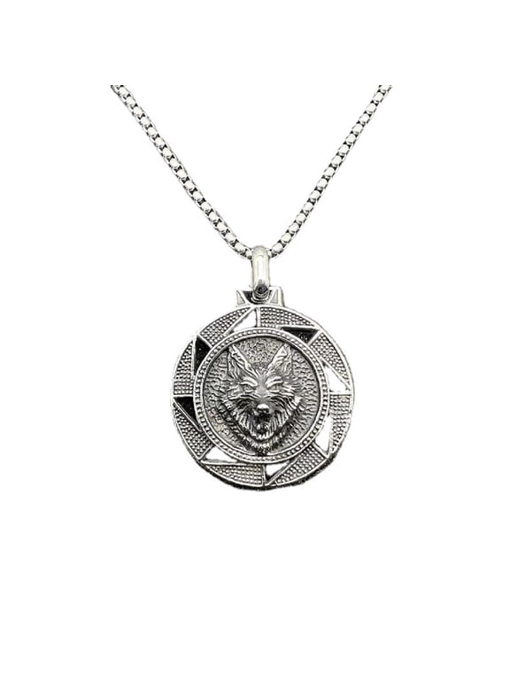 Viking Wolf Pendant, Nordic Wolf Head Necklace for Men, Celtic Wolf Head Necklace Punk Wolf Animal Jewelry, Norse Odin Wolf Rune Coin Necklace Punk Wolf Circle Pendant Necklace