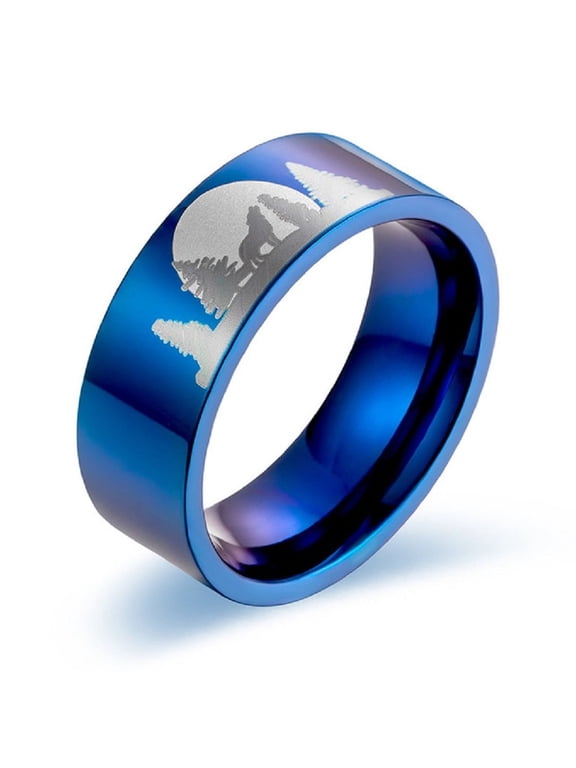 Wolf Band Ring, Moon Forest Wolf Ring for Men, Norse Viking Wolf Animal Ring Wolf Jewelry, Stainless Steel Celtic Wolf Animal Ring Hip Hop Howling Wolf Ring