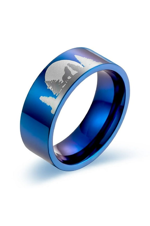 Wolf Band Ring, Moon Forest Wolf Ring for Men, Norse Viking Wolf Animal Ring Wolf Jewelry, Stainless Steel Celtic Wolf Animal Ring Hip Hop Howling Wolf Ring