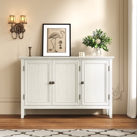 May in Color 3-Door Buffet Cabinet with Storage, Bohemian Sideboard with Adjustable Shelves, Wood Credenza Cabinet, Console Table for Bedroom, Living Room, Dining Room, Hallway, Grayish-White