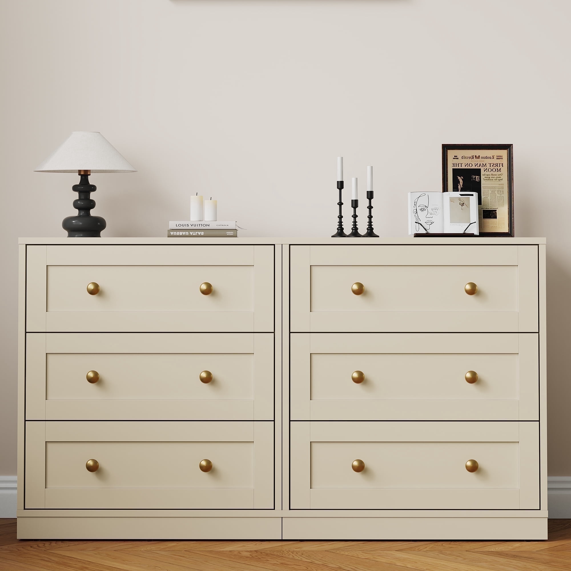 May in Color 3 Drawer Nightstand Set of 2, Modern Wood End Table with Gold Knobs, Beige