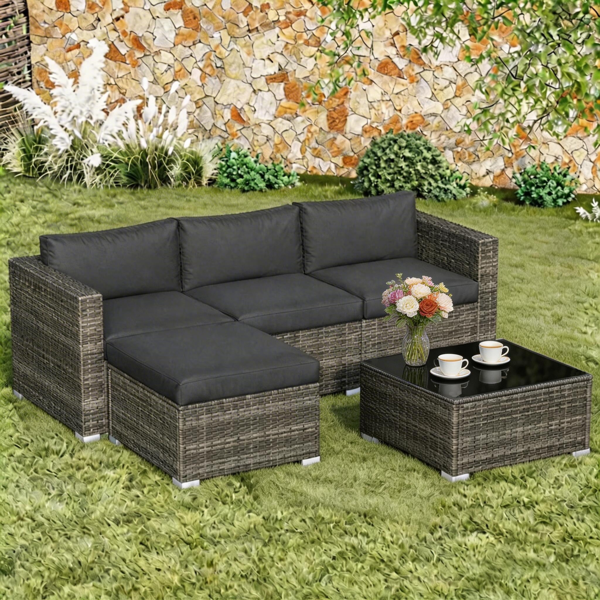 Mayincolor 5-Piece Outdoor Patio Sectional Furniture Set, Weather Resistant Rattan Outside Couch, Conversation Sofa for Balcony, Backyard, Deck, Garden, Porch, Grey