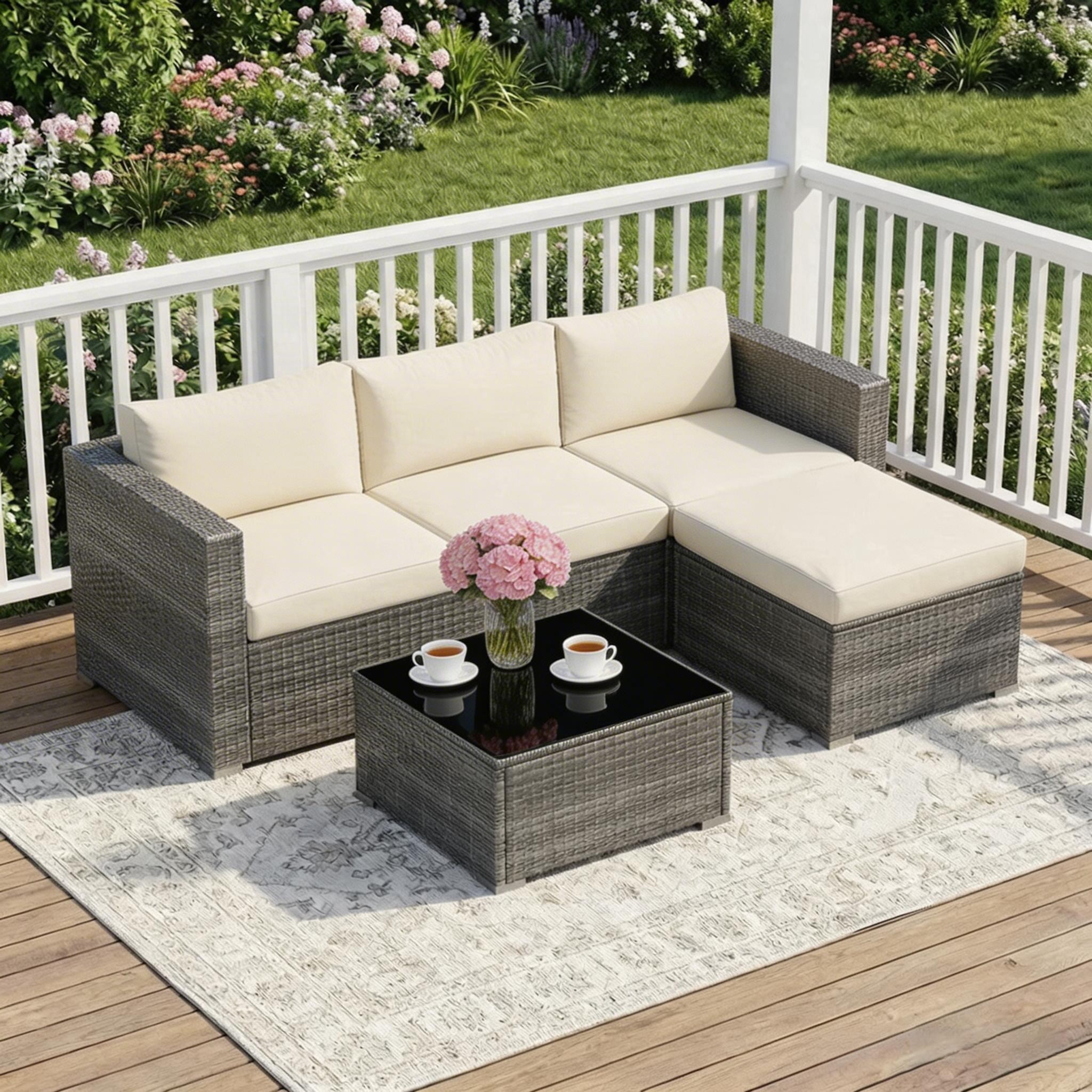 Mayincolor 5 Piece Outdoor Patio Sectional Furniture Set, Rattan Outside Couch, Wicker Conversation Sofa for Balcony, Porch, Backyard, Deck, Garden,Beige