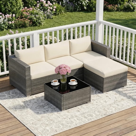 Mayincolor 5 Piece Outdoor Patio Sectional Furniture Set, Rattan Outside Couch, Wicker Conversation Sofa for Balcony, Porch, Backyard, Deck, Garden,Beige