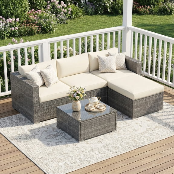 Mayincolor 5 Piece Outdoor Patio Sectional Furniture Set, Rattan Outside Couch, Wicker Conversation Sofa for Balcony, Porch, Backyard, Deck, Garden,Beige