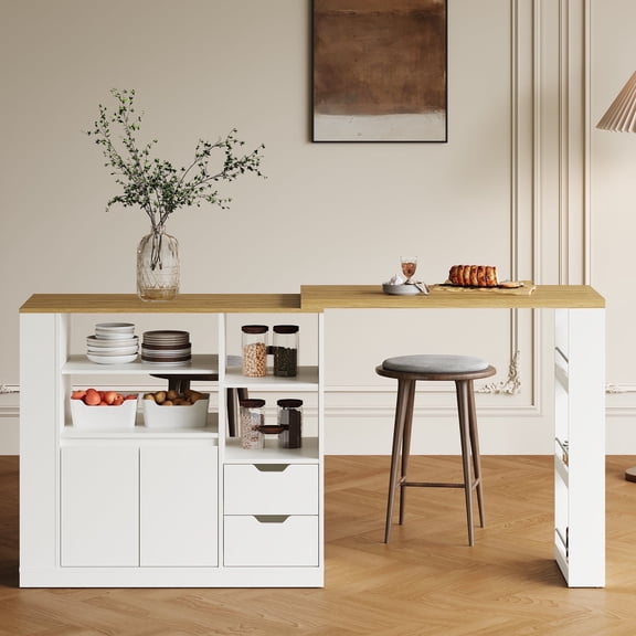 May in color Kitchen Island with Storage, Extendable & Rotatable Kitchen Prep Table, Wood Buffet Sideboard Cabinet for Dining Room, White
