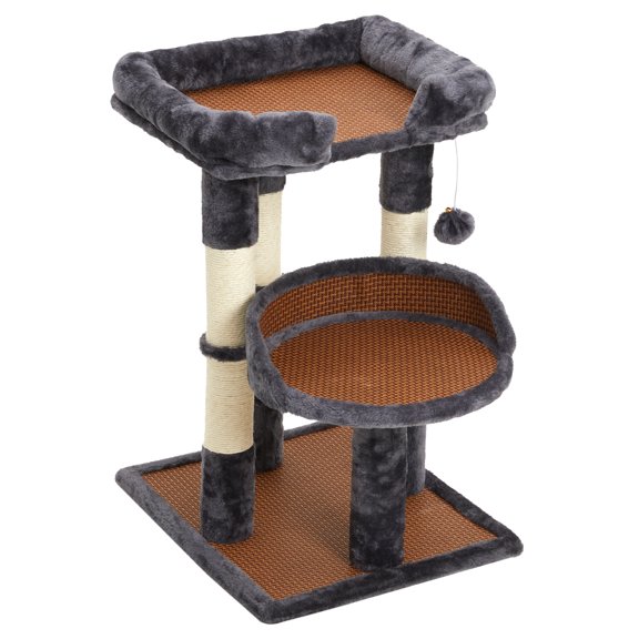 Mayincolor Multi-Level Cat Tower with Scratching Posts, Cat Tree with Double Cat Bed & Hanging Toys, Cute Climbing Tower with Sisal Scratcher for Kittens & Adult Cats, Grey
