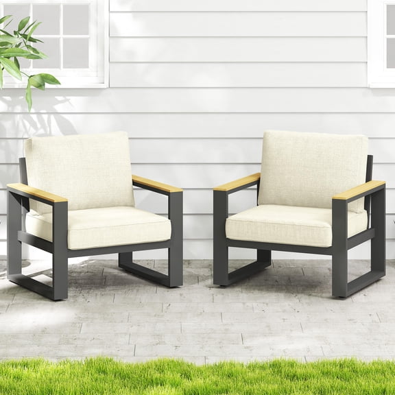Mayincolor Aluminum Outdoor Armchair, 2 Pieces All-Weather Metal Patio Single Sofa, Patio Conversation Set for Porch Backyard Garden, Beige